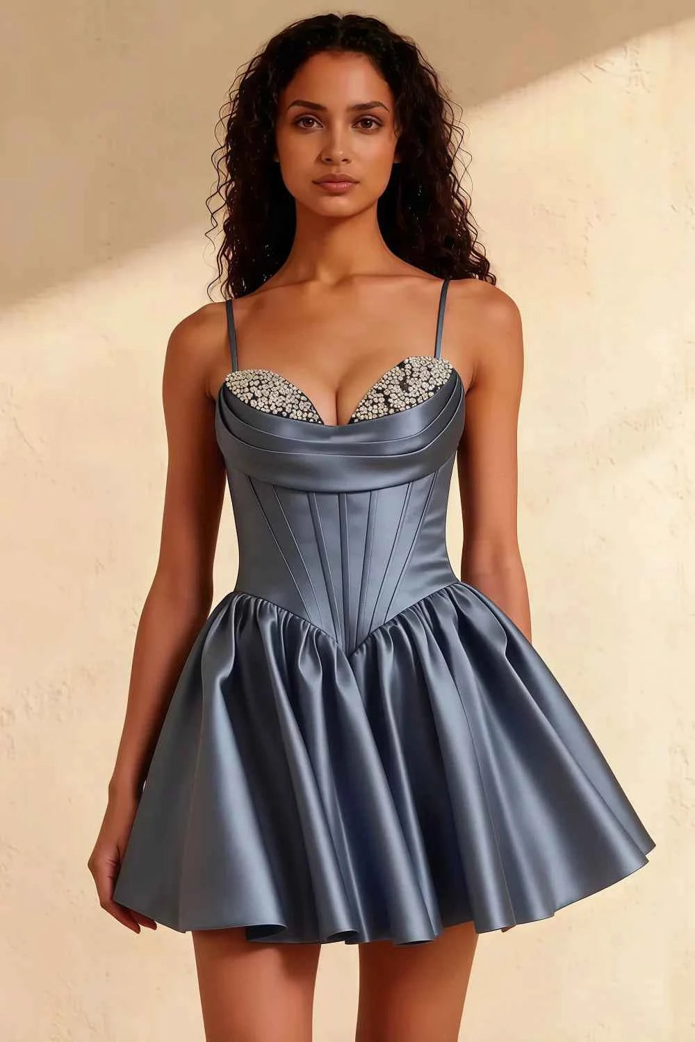 Felicia Dusty Blue Spaghetti Beaded Short Mini Dress