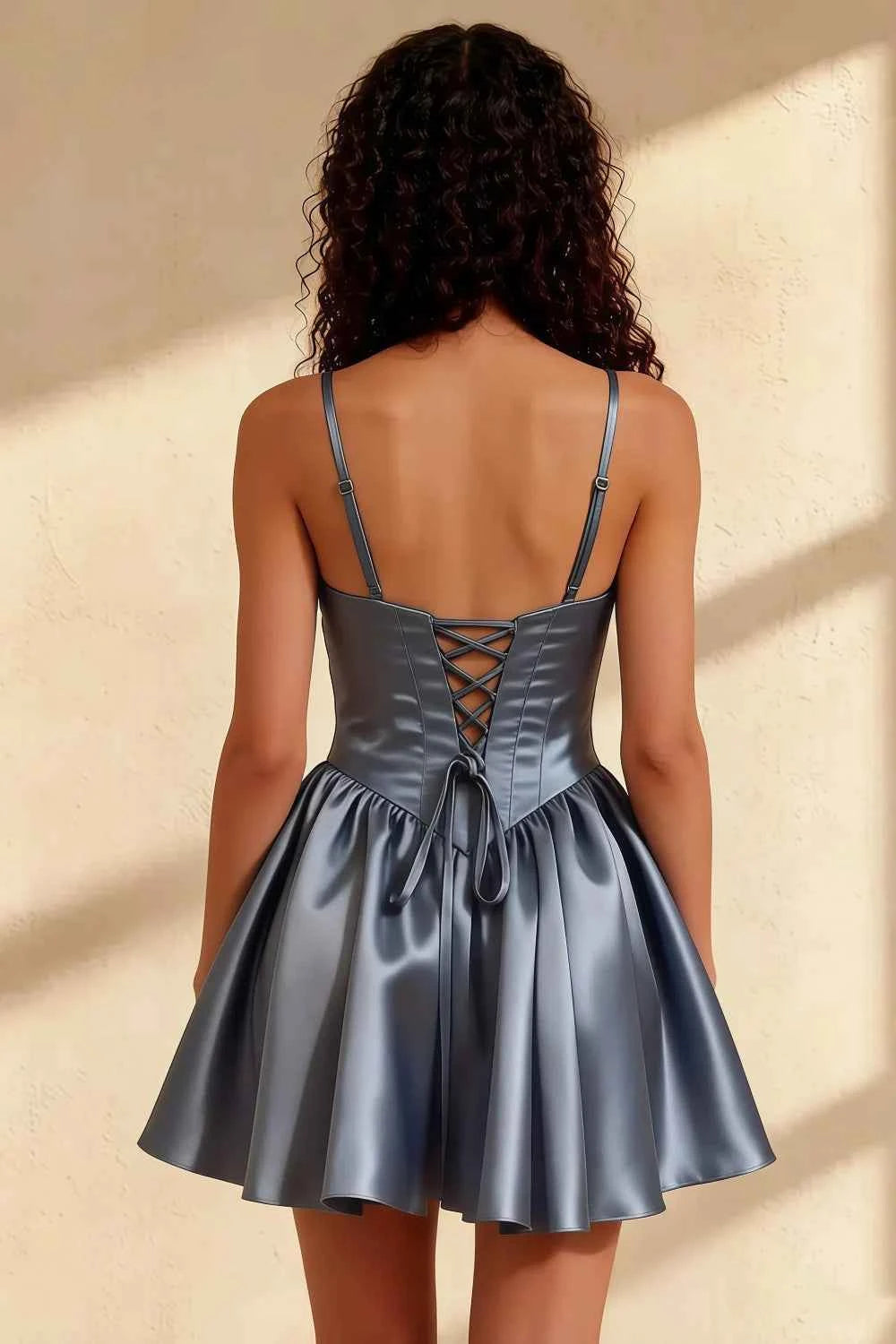 Felicia Dusty Blue Spaghetti Beaded Short Mini Dress