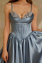 Felicia Dusty Blue Spaghetti Beaded Short Mini Dress