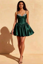 Felicia Emerald Green Beaded Mini Dress | Satin Corset Party Gown