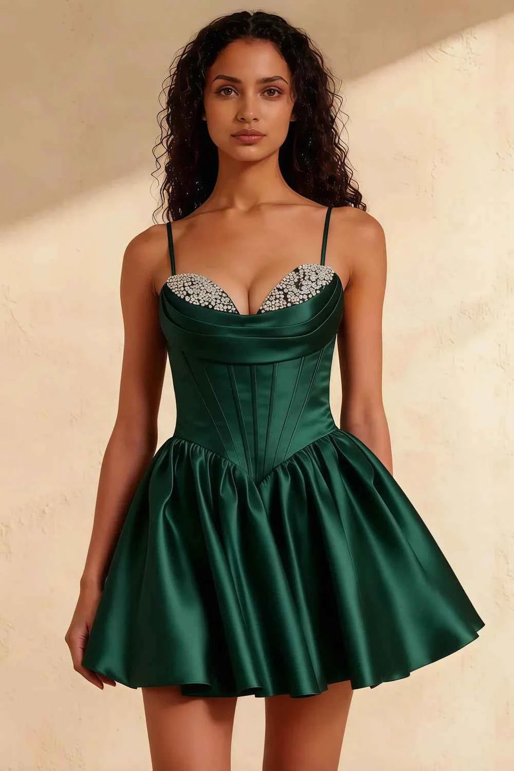 Felicia Emerald Green Beaded Mini Dress | Satin Corset Party Gown
