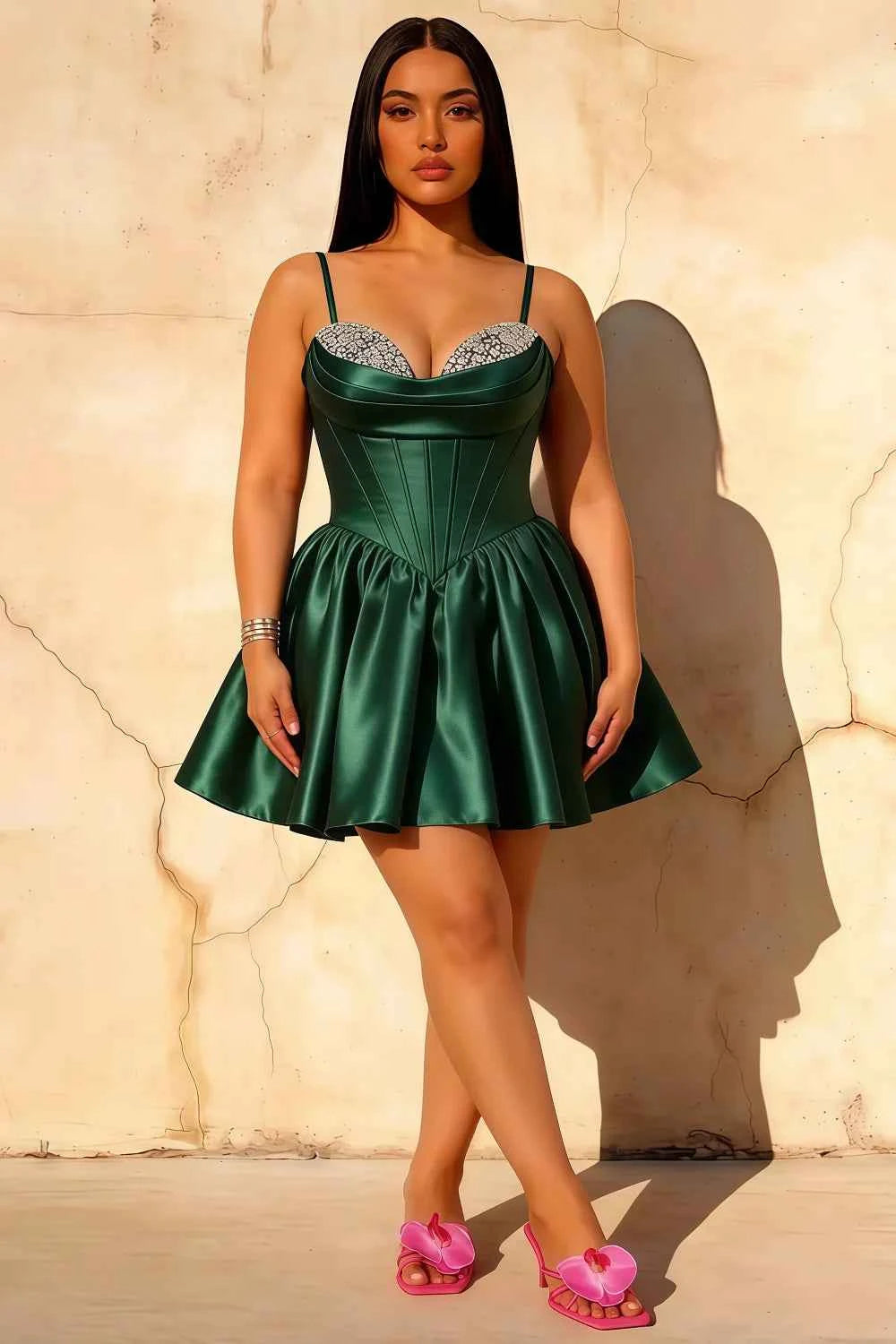 Felicia Emerald Green Beaded Mini Dress | Satin Corset Party Gown
