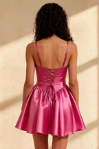Felicia Fuchsia Mini Dress Beaded | Satin Corset HOCO Dress