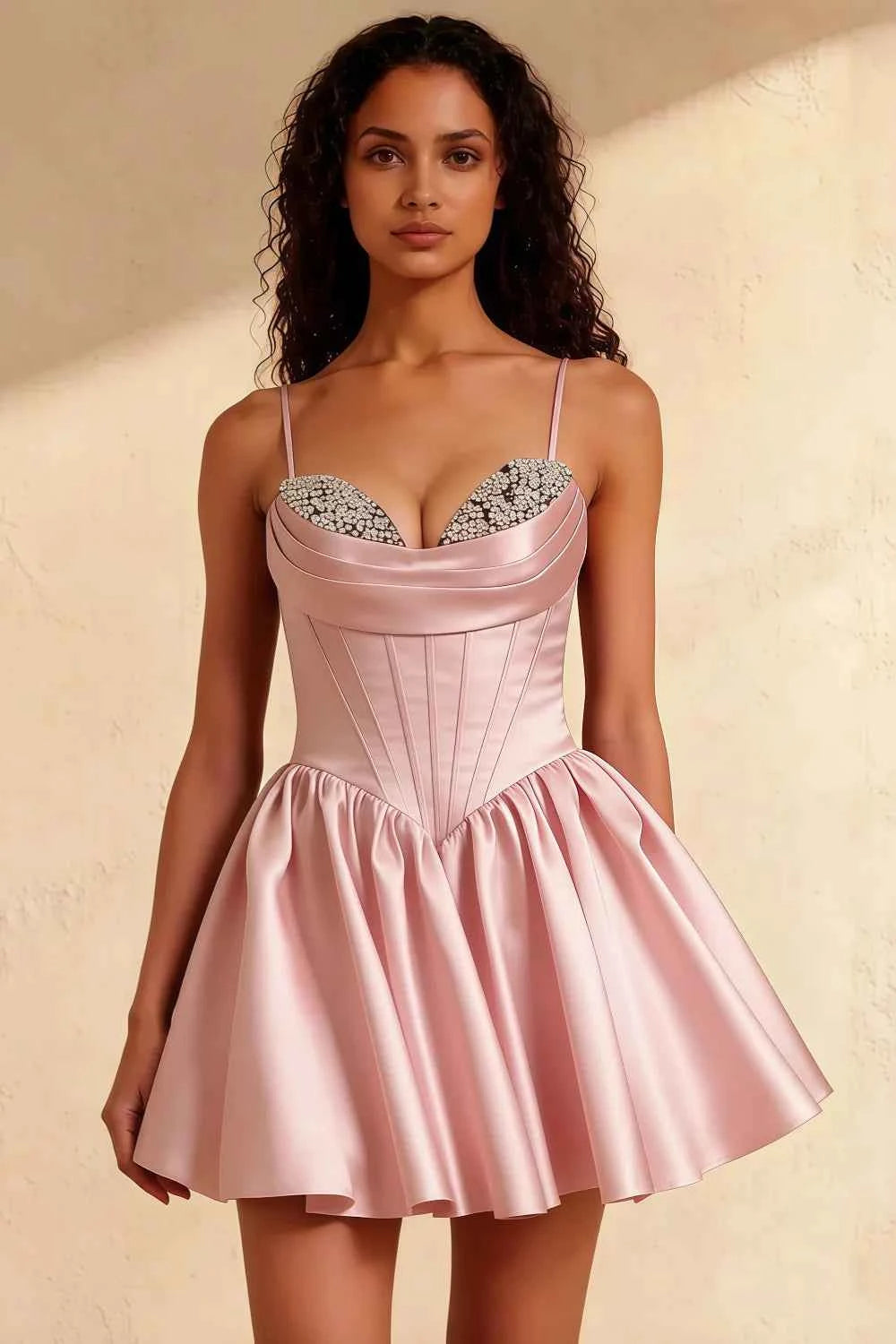 Felicia Pink Beaded Mini Dress | Corset Satin Homecoming Gown