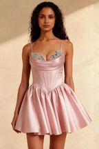 Felicia Pink Beaded Mini Dress | Corset Satin Homecoming Gown