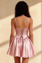 Felicia Pink Beaded Mini Dress | Corset Satin Homecoming Gown