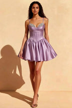 Felicia Purple Beaded Mini Dress | Lilac Satin Corset Party Gown