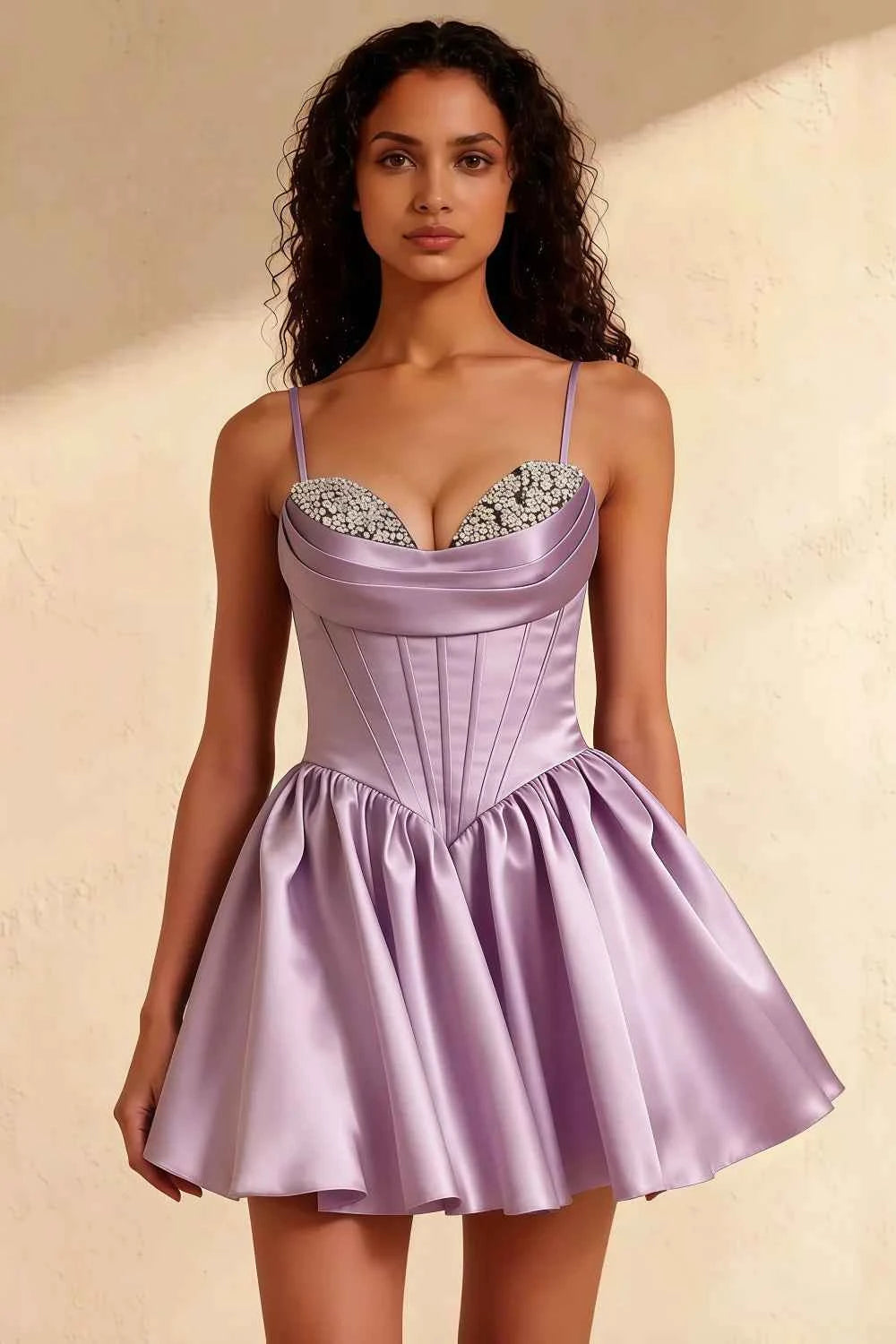 Felicia Purple Beaded Mini Dress | Lilac Satin Corset Party Gown