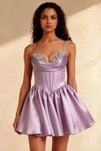 Felicia Purple Beaded Mini Dress | Lilac Satin Corset Party Gown