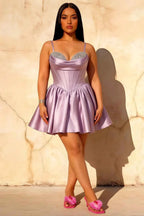 Felicia Purple Beaded Mini Dress | Lilac Satin Corset Party Gown