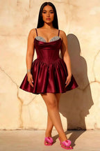 Felicia Red Beaded Mini Dress | Satin Corset Party Dress