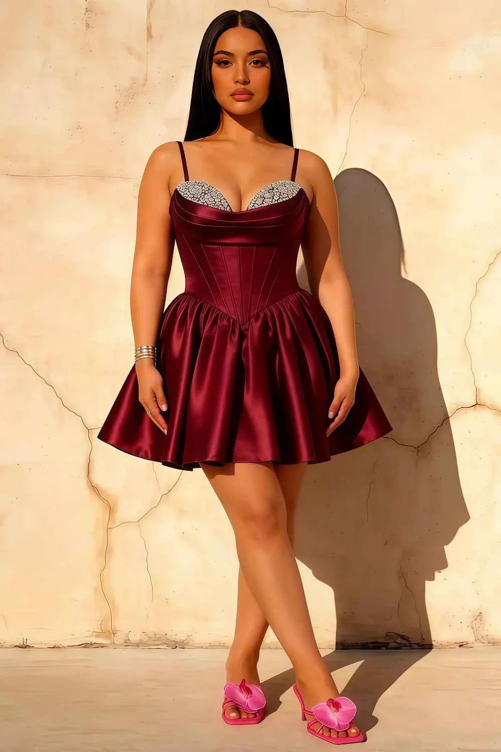 Felicia Red Beaded Mini Dress | Satin Corset Party Dress