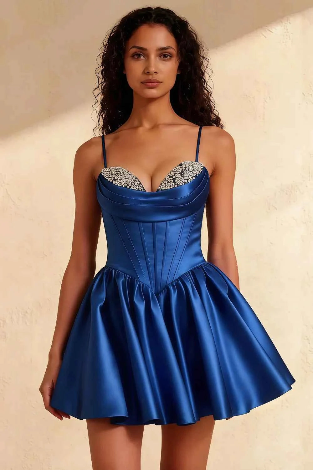 Felicia Royal Blue Beaded Mini Dress | Satin Corset Homecoming