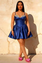 Felicia Royal Blue Beaded Mini Dress | Satin Corset Homecoming