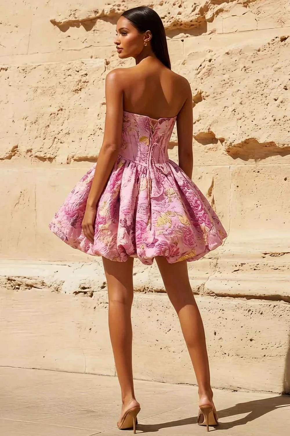 Fiona Aubriana Strapless Mini Dress Pink Jacquard | A-Line Floral Skirt Secondary image