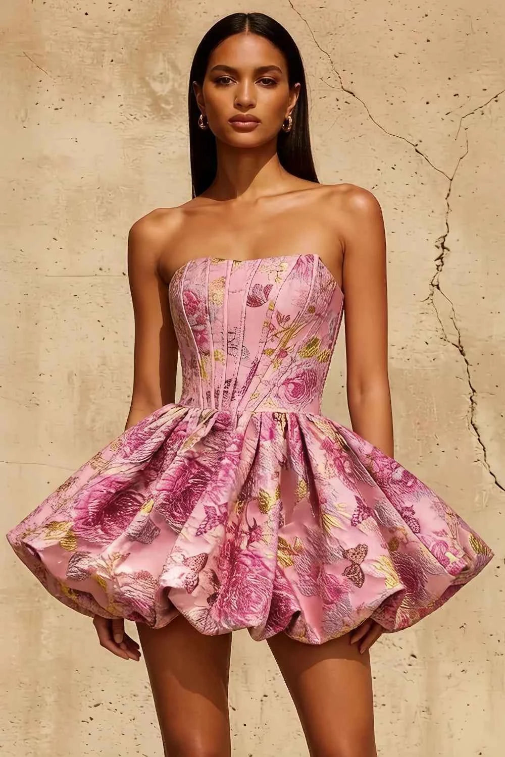 Fiona Aubriana Strapless Mini Dress Pink Jacquard | A-Line Floral Skirt