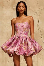 Fiona Aubriana Strapless Mini Dress Pink Jacquard | A-Line Floral Skirt
