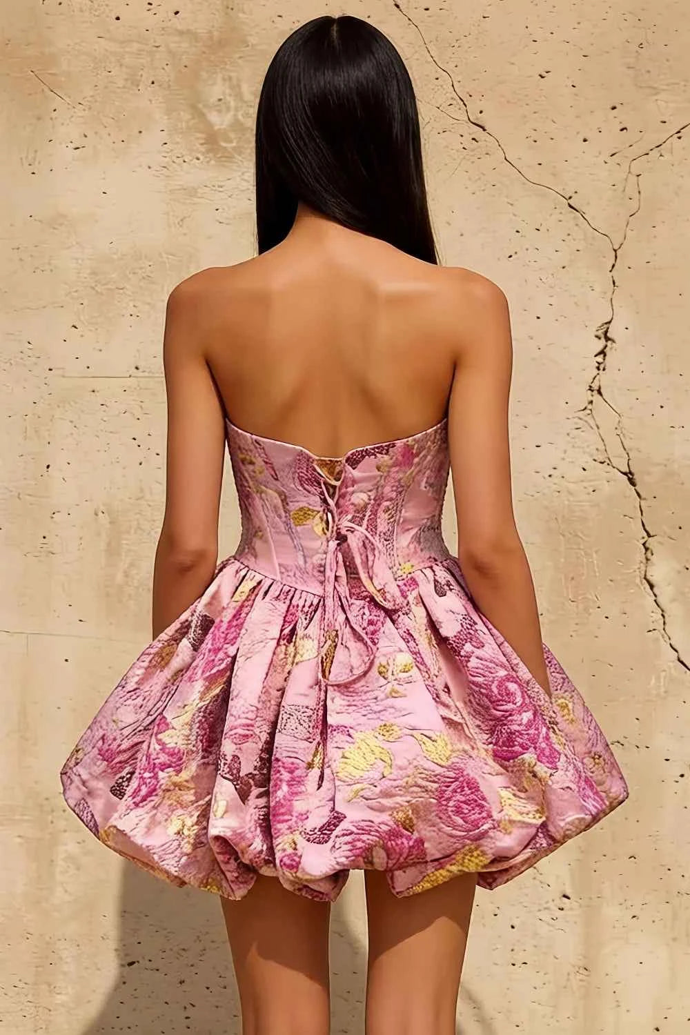 Fiona Aubriana Strapless Mini Dress Pink Jacquard | A-Line Floral Skirt