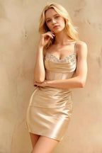 Florence Champagne Bodycon Mini Dress | Beaded Corset Skirt