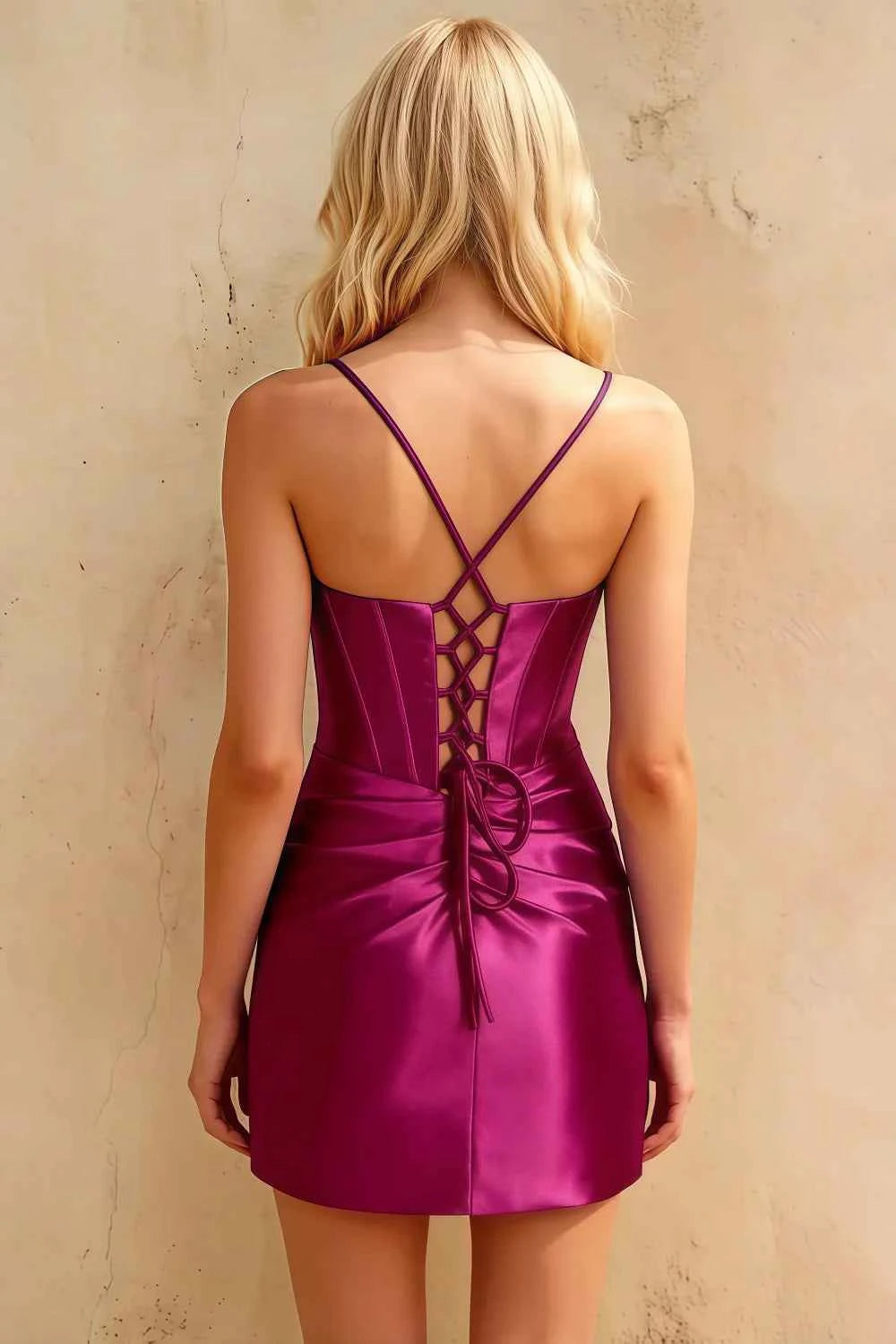 Florence Fuchsia Satin Bodycon Mini Dress with Beaded Bust