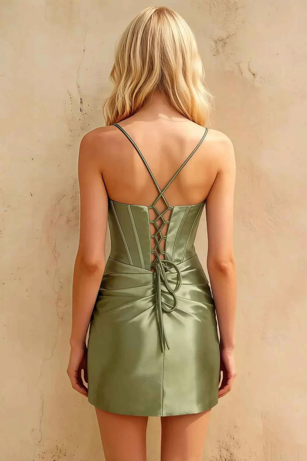 Florence Pistachio Green Satin Beaded Mini Bodycon Dress