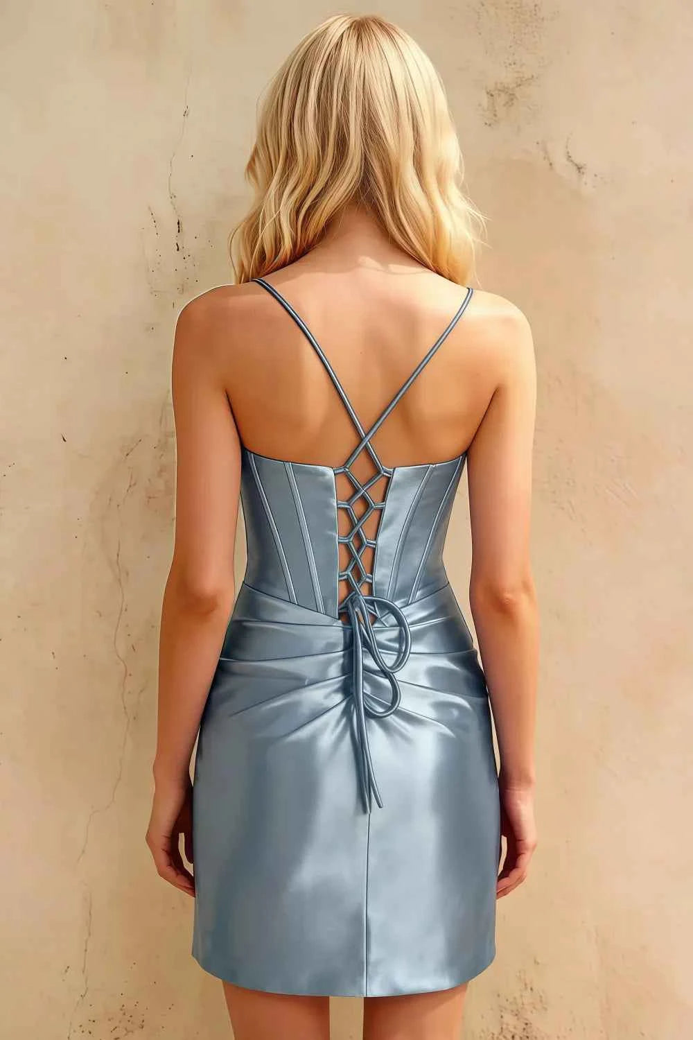 Florence Light Blue Bodycon Mini Dress | Beaded Satin Dress