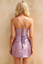 Florence Lilac Satin Bodycon Mini Dress - Beaded Party Dress