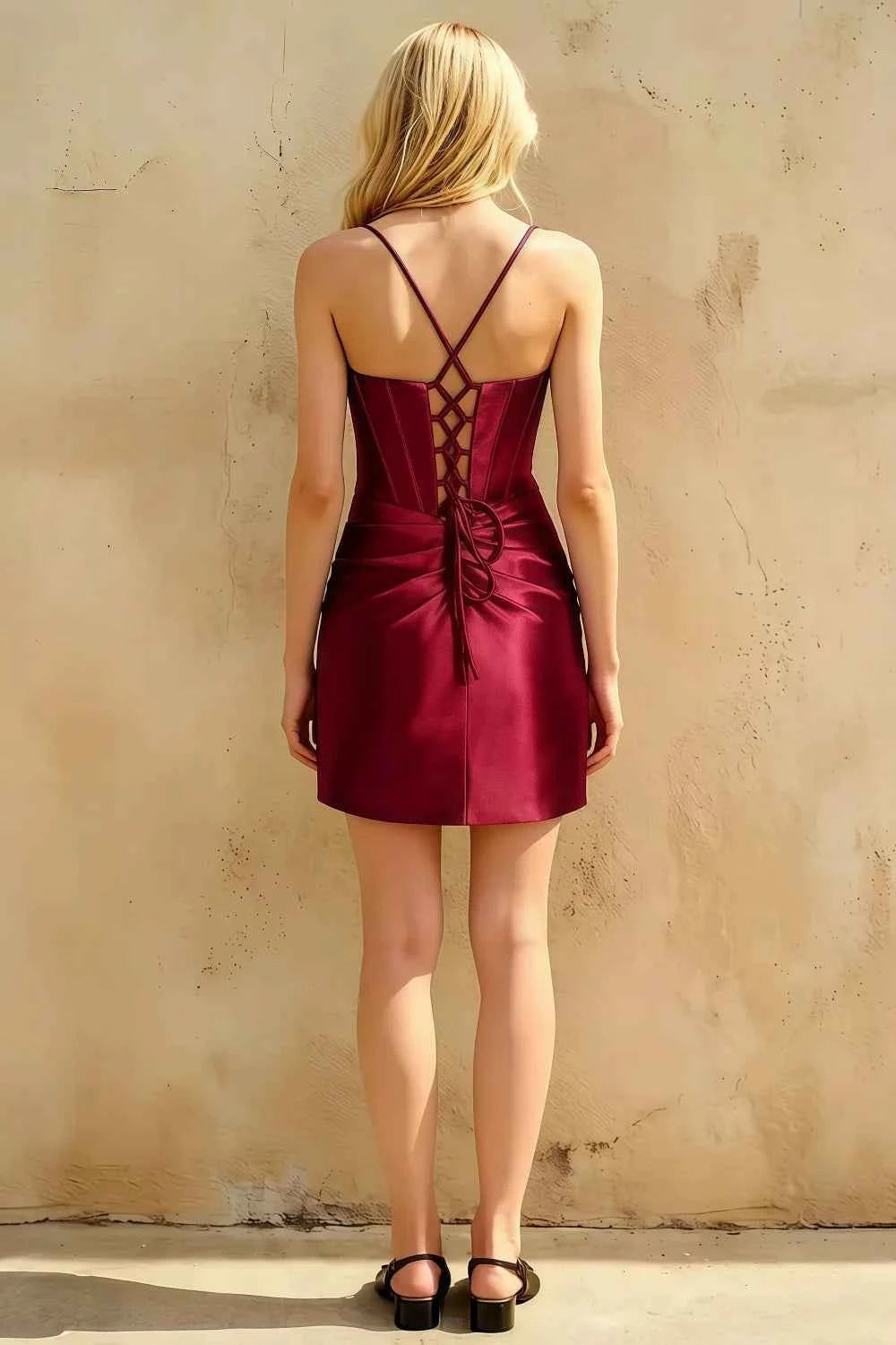 Florence Mini Burgundy Bodycon Dress | Corset Satin Hoco Skirt