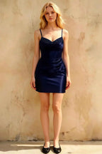 Florence Navy Blue Mini Dress Bodycon | Beaded Satin Party Dress