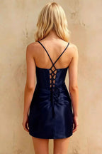Florence Navy Blue Mini Dress Bodycon | Beaded Satin Party Dress