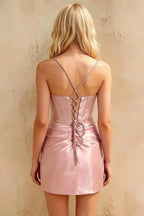Florence Pink Bodycon Mini Dress - Beaded Satin Party Look