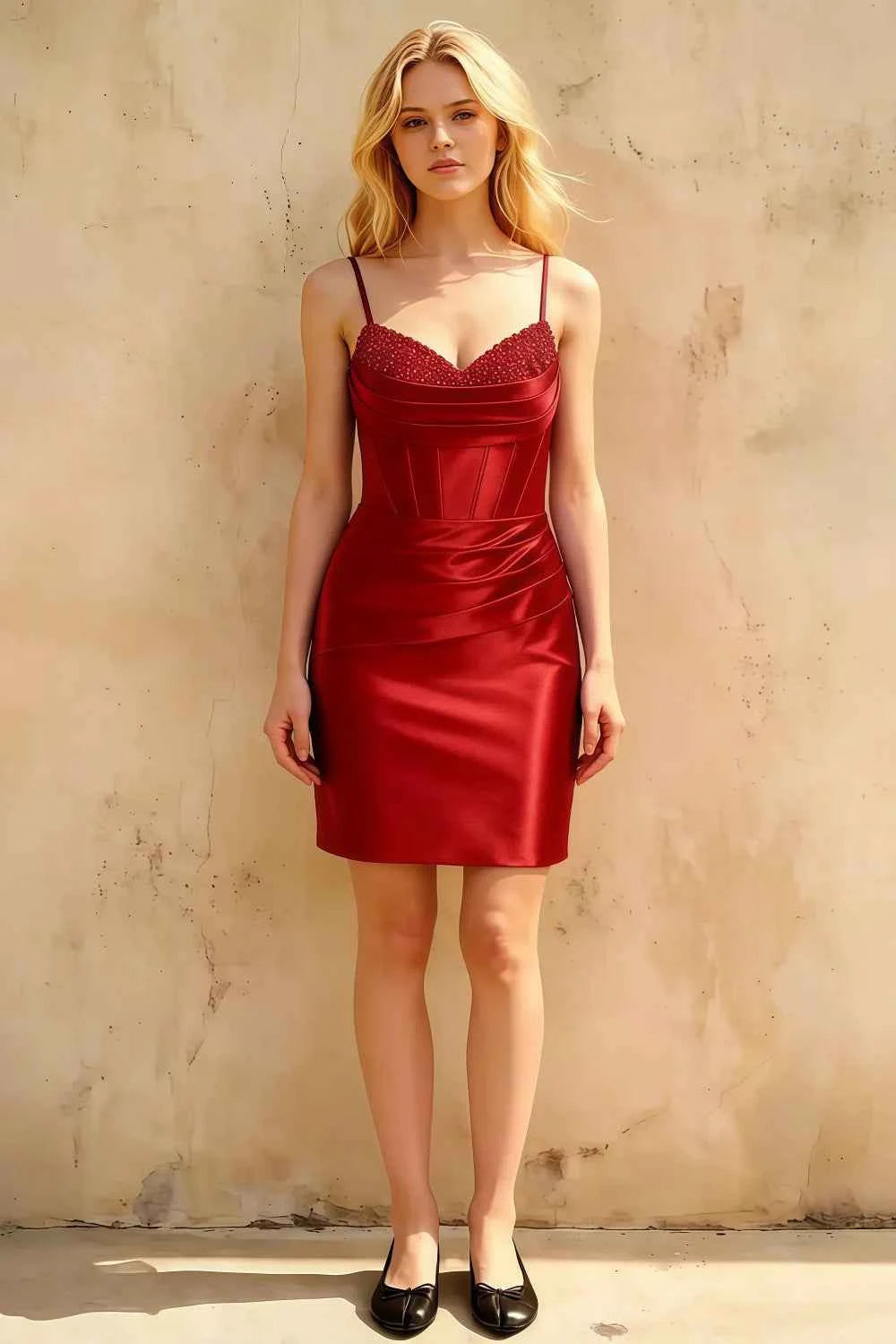 Florence Red Bodycon Mini Dress | Satin Beaded Corset Skirt