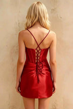 Florence Red Bodycon Mini Dress | Satin Beaded Corset Skirt