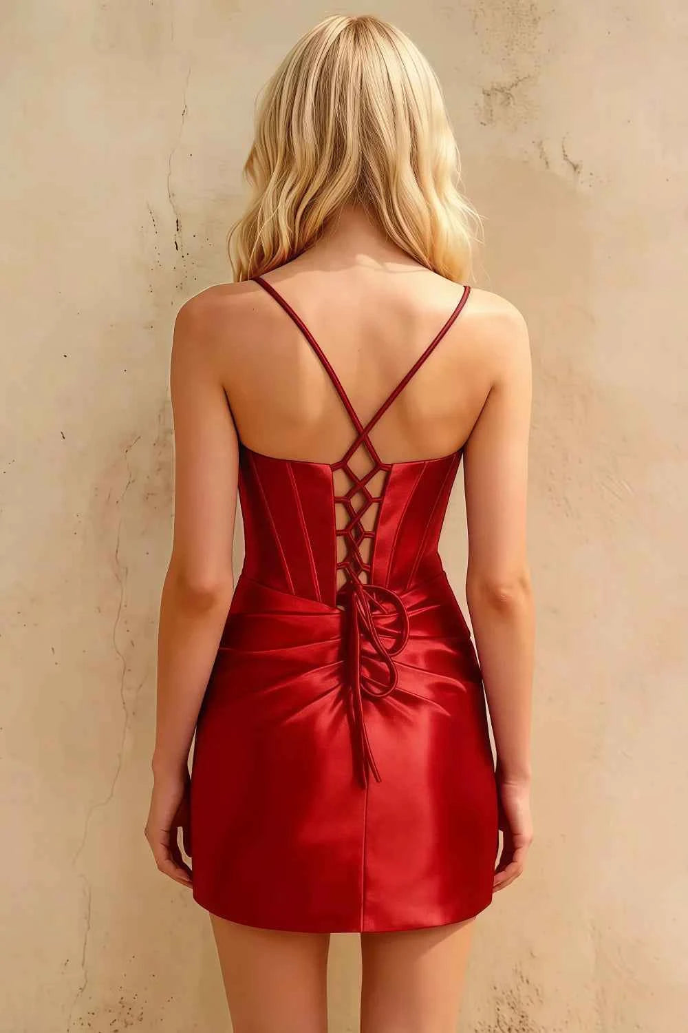 Florence Red Bodycon Mini Dress | Satin Beaded Corset Skirt