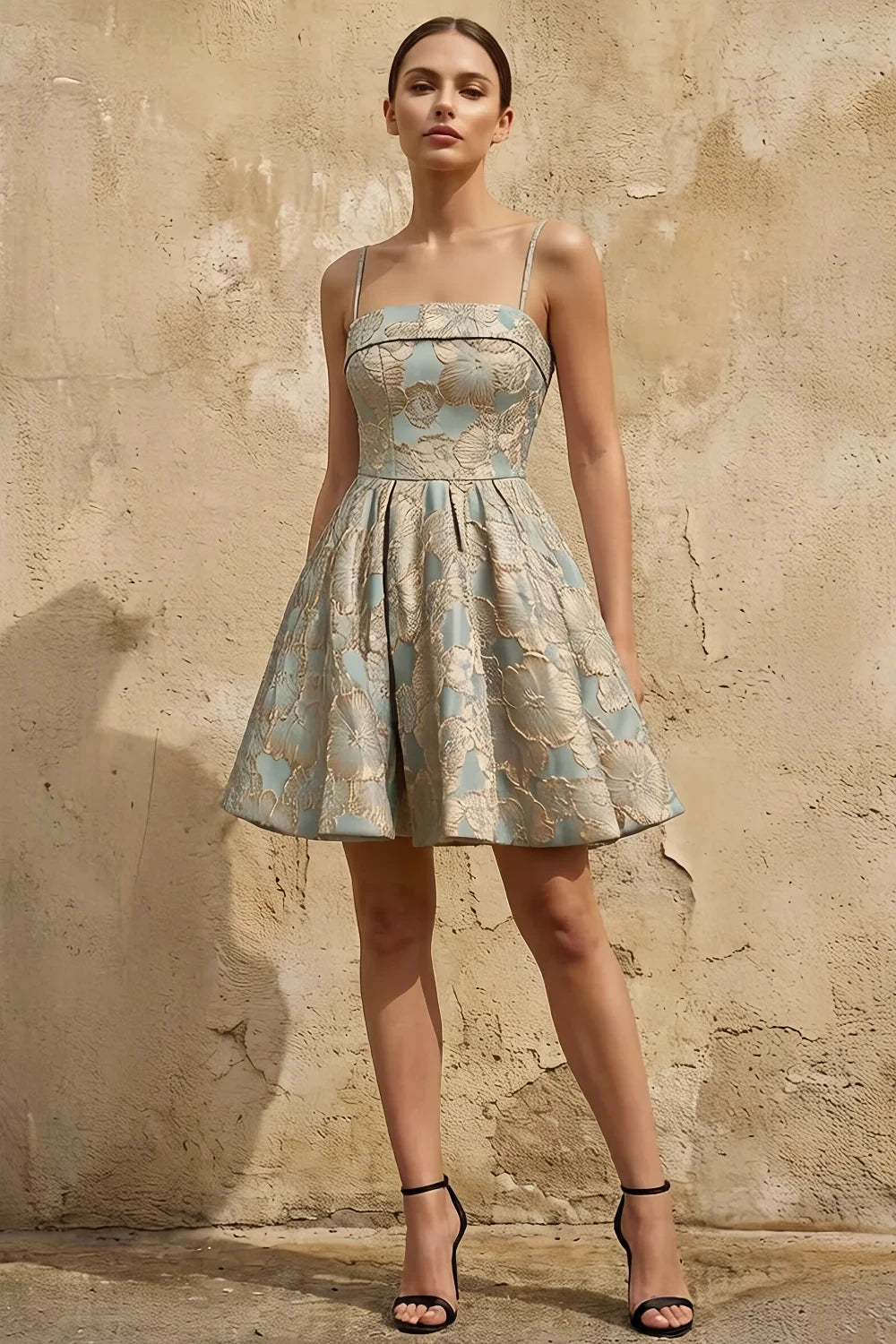 Frances Blue Gold Floral Jacquard Mini Dress | 2-Way Strapless Main image