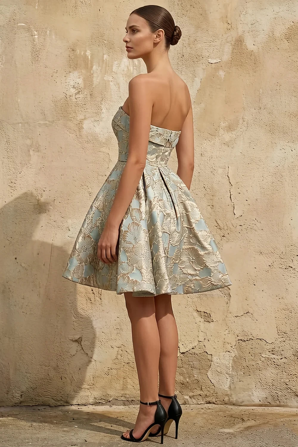 Frances Blue Gold Floral Jacquard Mini Dress | 2-Way Strapless Secondary image