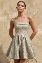 Frances Blue Gold Floral Jacquard Mini Dress | 2-Way Strapless