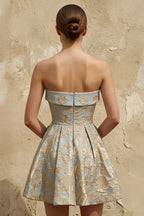 Frances Blue Gold Floral Jacquard Mini Dress | 2-Way Strapless