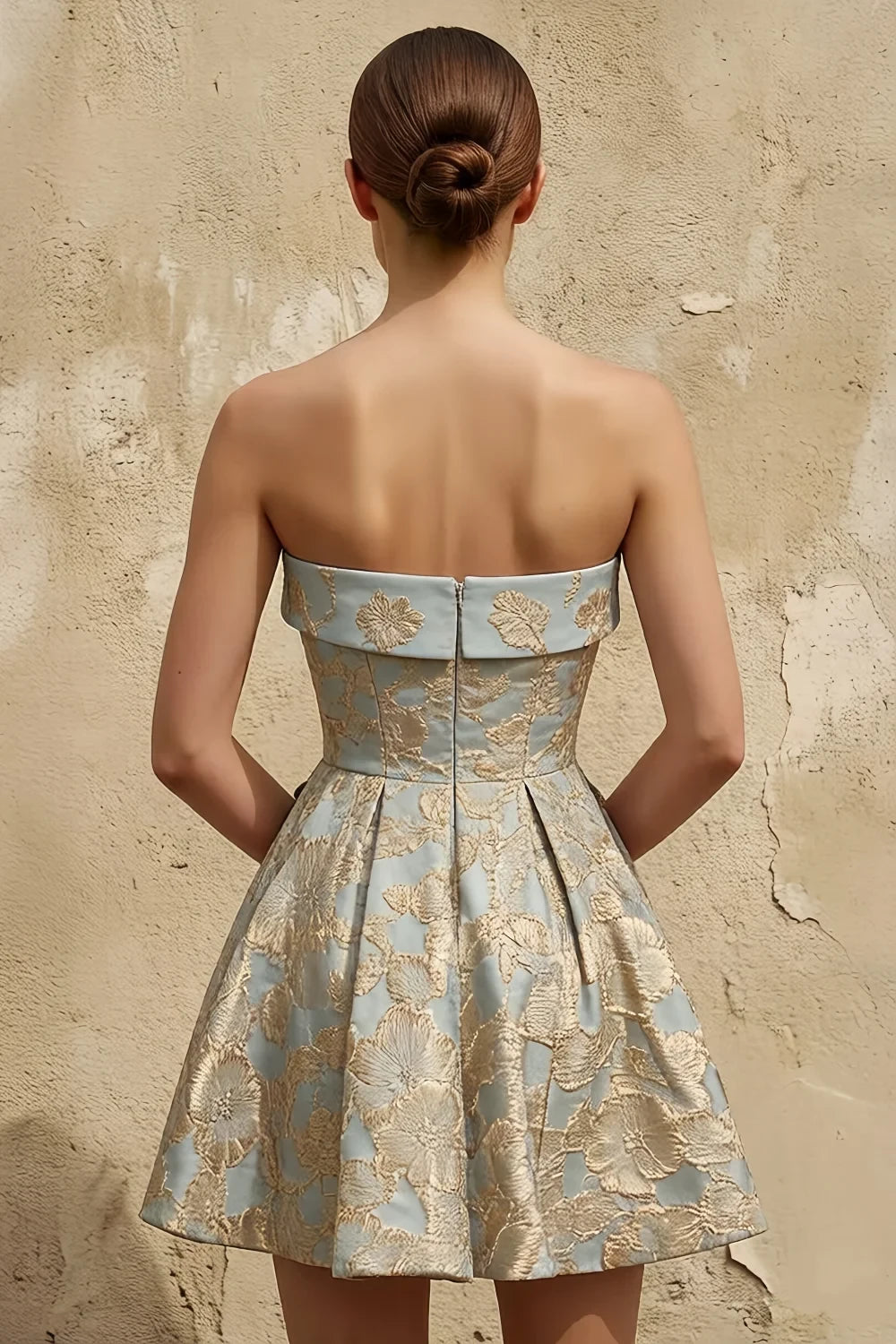 Frances Blue Gold Floral Jacquard Mini Dress | 2-Way Strapless