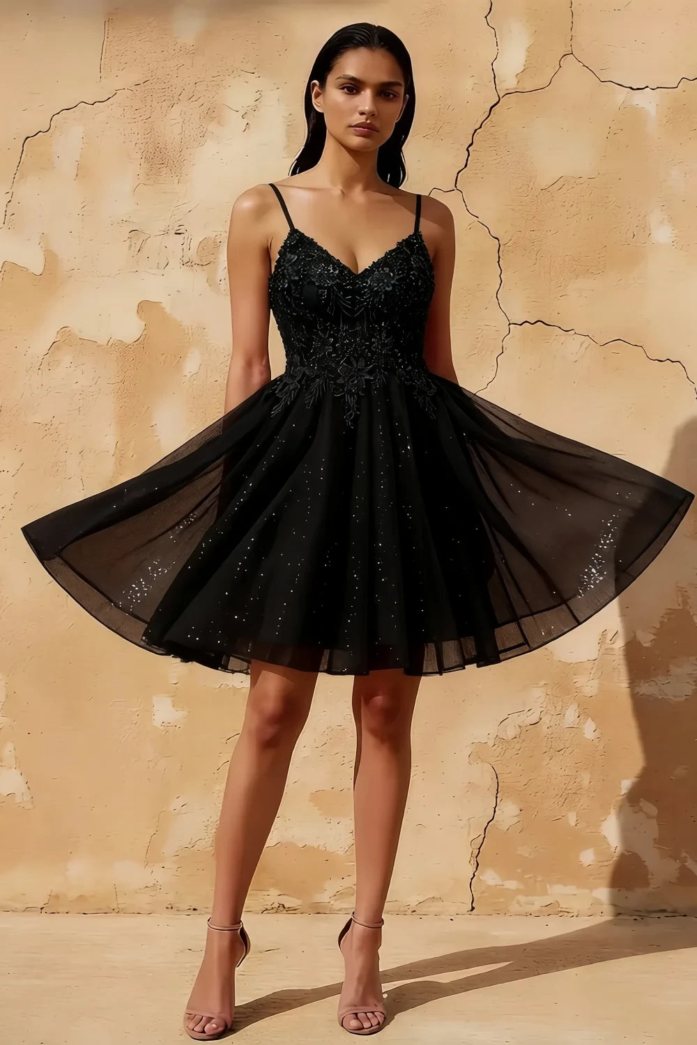Francesca Black V Neck Mini Dress | Beaded Tulle Party Gown Main image