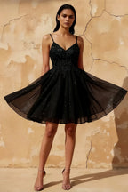 Francesca Black V Neck Mini Dress | Beaded Tulle Party Gown