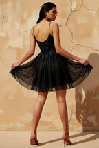 Francesca Black V Neck Mini Dress | Beaded Tulle Party Gown