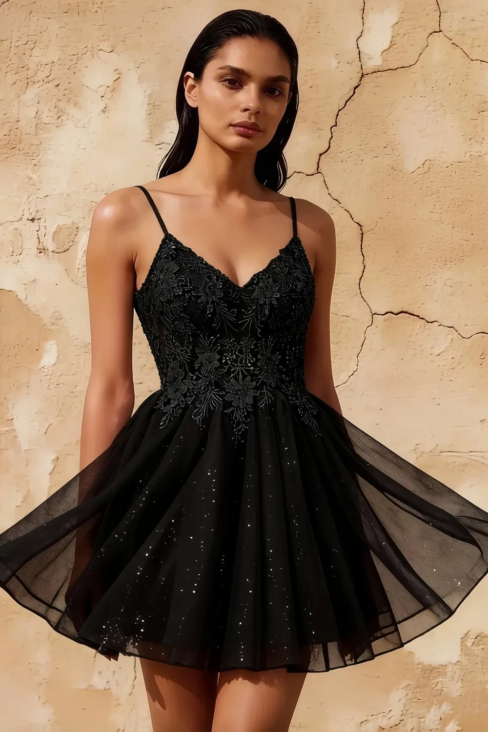Francesca Black V Neck Mini Dress | Beaded Tulle Party Gown