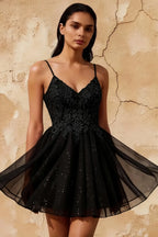 Francesca Black V Neck Mini Dress | Beaded Tulle Party Gown