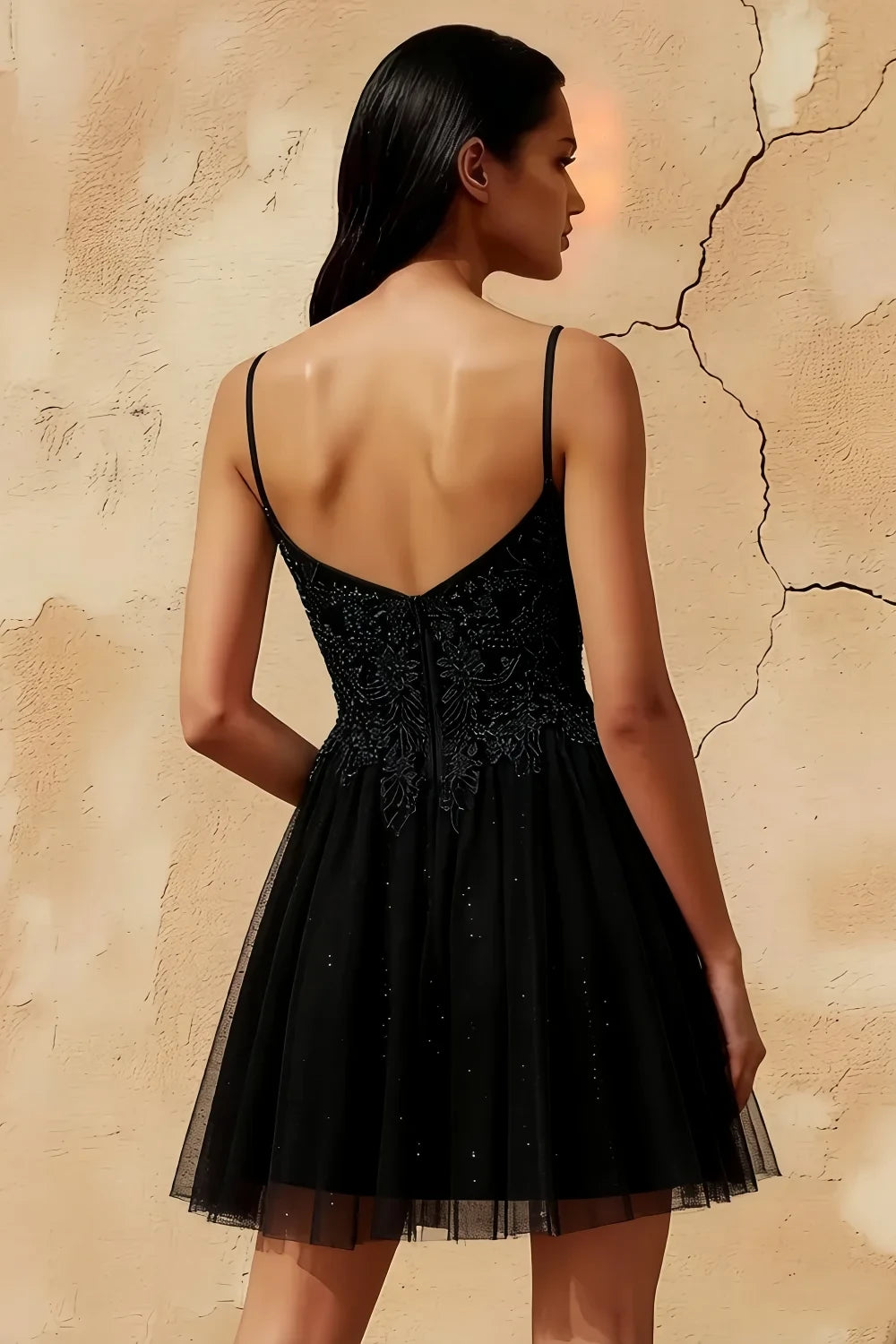 Francesca Black V Neck Mini Dress | Beaded Tulle Party Gown