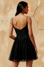 Francesca Black V Neck Mini Dress | Beaded Tulle Party Gown