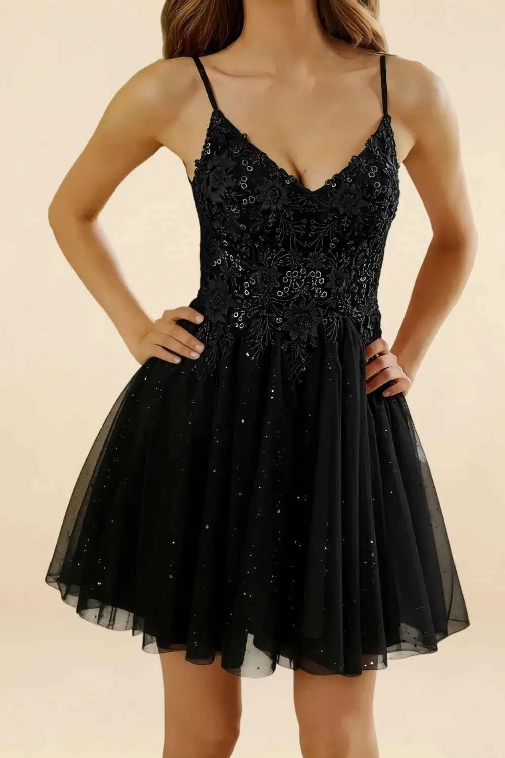 Francesca Black V Neck Mini Dress | Beaded Tulle Party Gown