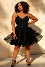 Francesca Black V Neck Mini Dress | Beaded Tulle Party Gown