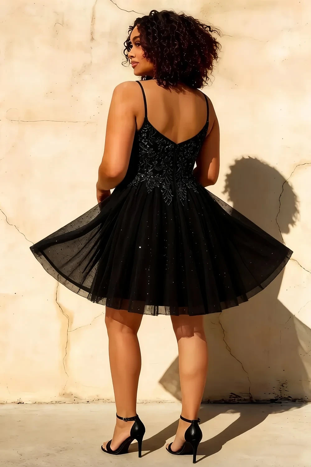 Francesca Black V Neck Mini Dress | Beaded Tulle Party Gown