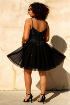 Francesca Black V Neck Mini Dress | Beaded Tulle Party Gown